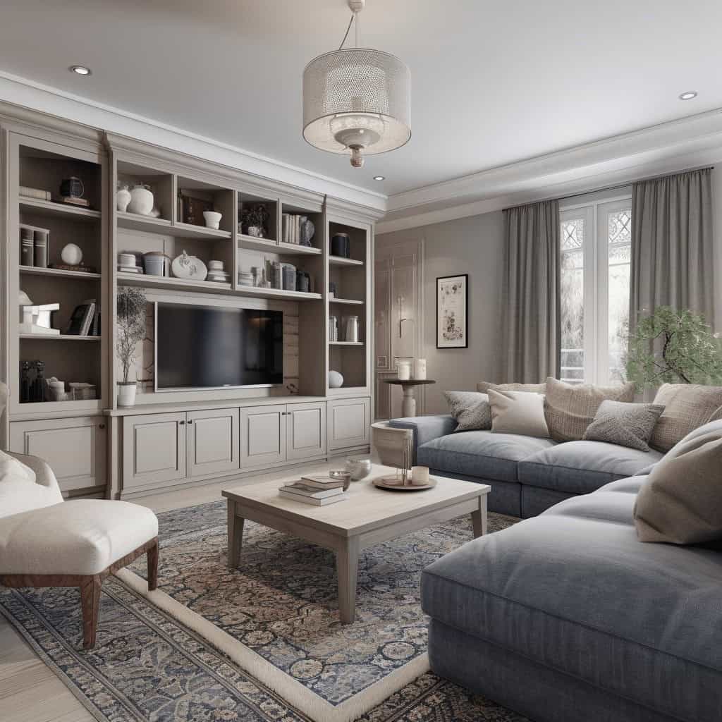 Przytulny salon z wygodnymi sofami i elegancką półką z książkami, jasne wnętrze w stylu skandynawskim, naturalne światło, dekoracje w stonowanych kolorach, idealne dla rodzin i miłośników minimalistycznego designu.