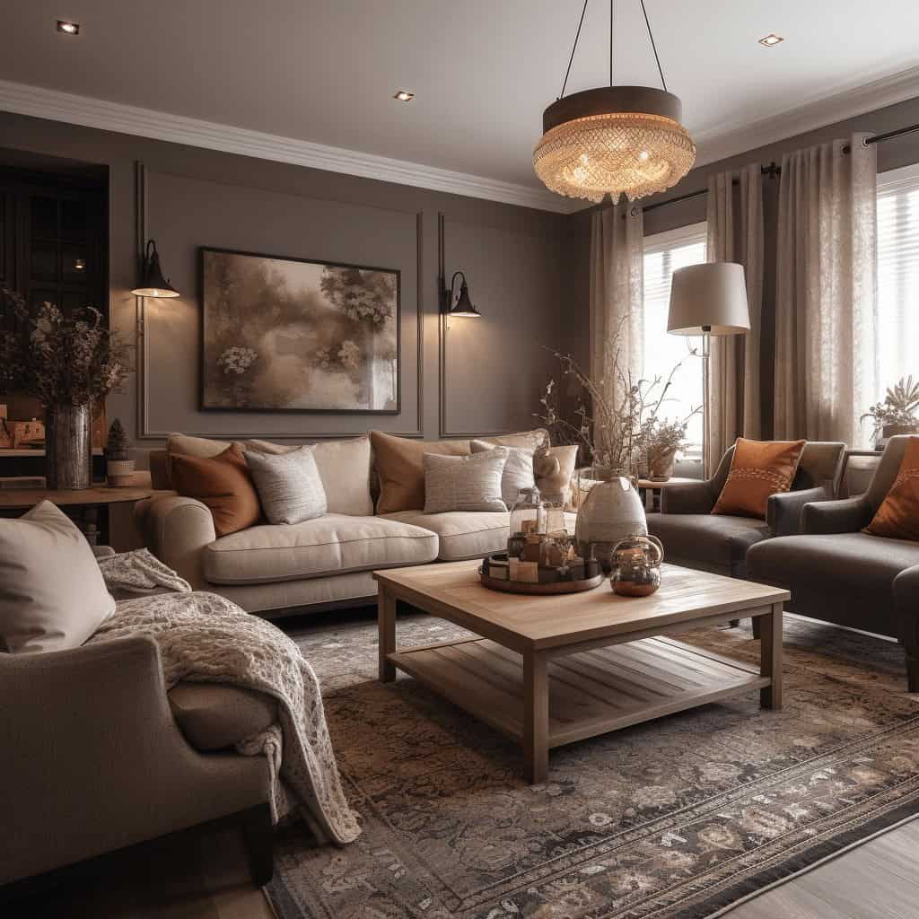 Przytulny salon w eleganckim stylu, nowoczesny design z wygodnymi sofami i dekoracyjnymi poduszkami, naturalne światło z dużych okien, ciepła atmosfera, idealne miejsce do wypoczynku.