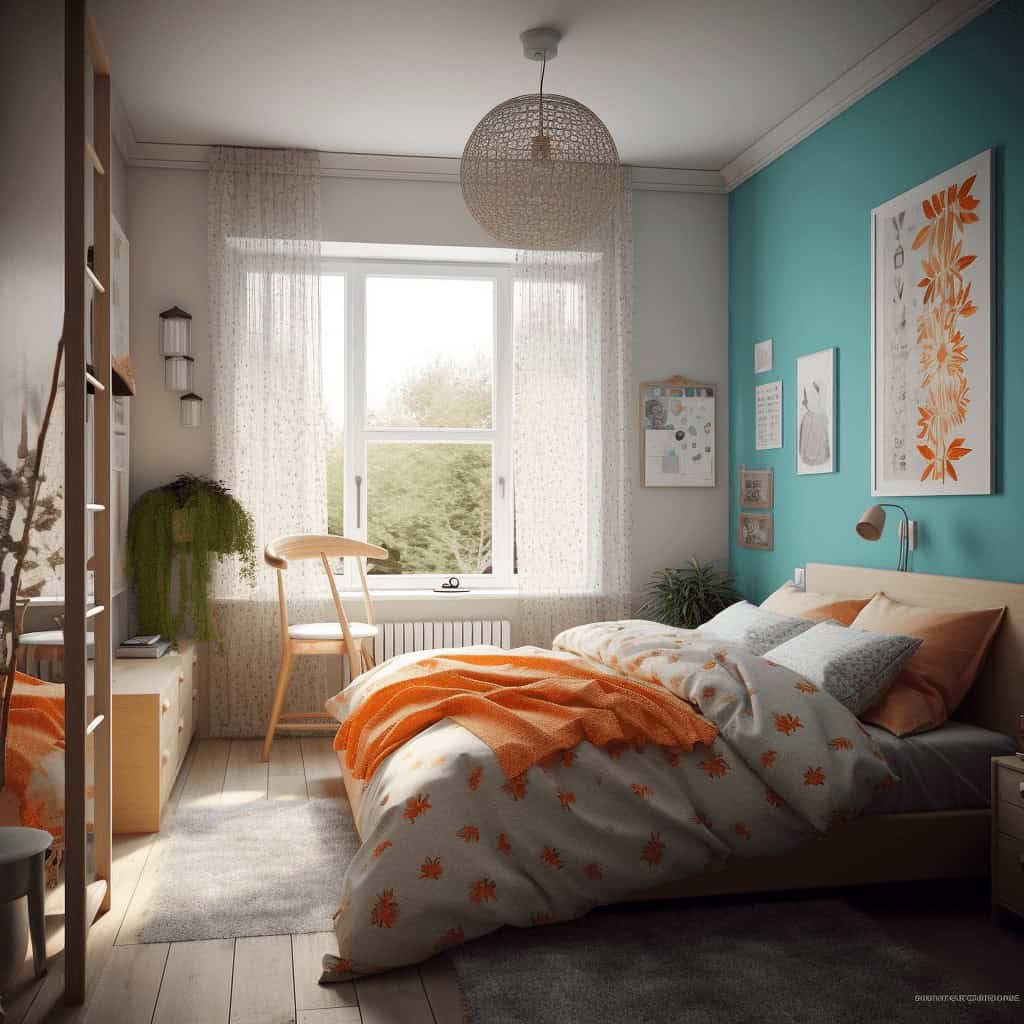 Przytulny nowoczesny pokój sypialny z jasną aranżacją, dekoracjami w odcieniach pomarańczy i zieleni, duże okno wpuszczające naturalne światło, idealny do relaksu i odpoczynku w domu, zaprojektowany z myślą o komforcie.