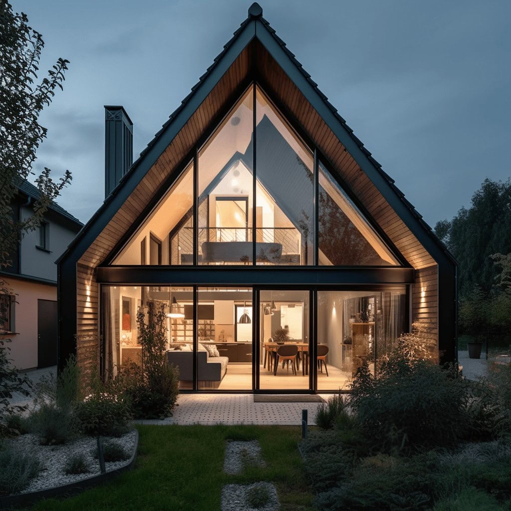 Nowoczesny dom z dużymi przeszklonymi ścianami, oświetlony wewnątrz, stylowa architektura, energooszczędny, minimalistyczny design, naturalne materiały, komfortowe wnętrza, idealny na relaks.