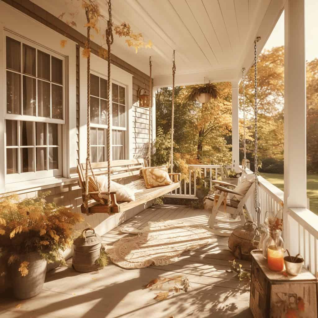 Przytulny taras z hamakami, ławkami i naturalnymi dekoracjami, idealny do relaksu na świeżym powietrzu w otoczeniu jesiennej przyrody. Idealne miejsce na odpoczynek i cieszenie się spokojem.