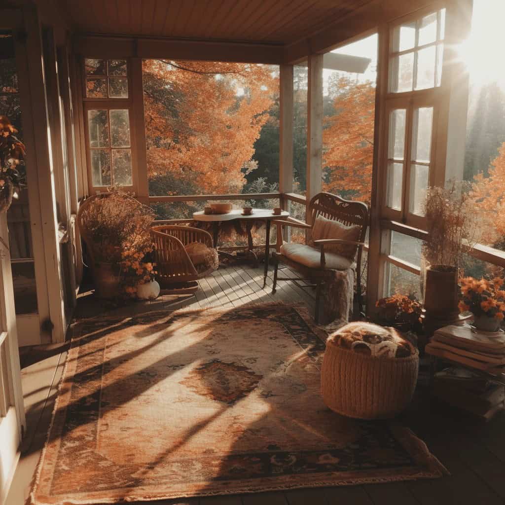 Przytulny balkon z widokiem na jesienne drzewa, dekoracje w stylu rustykalnym, stylowa przestrzeń do relaksu i odpoczynku na świeżym powietrzu z naturalnymi materiałami.