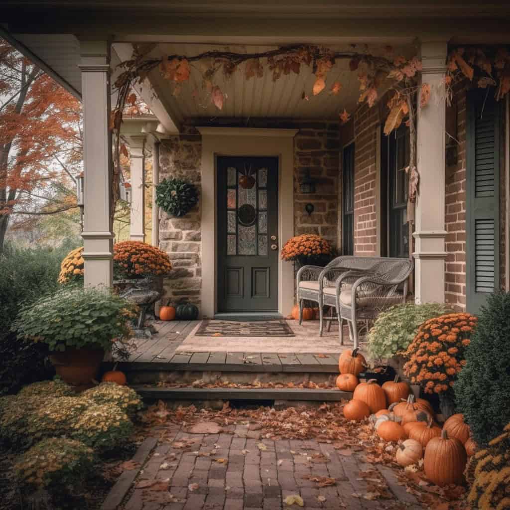 Pumpkins and autumn decorations on porch entrance in fall season.