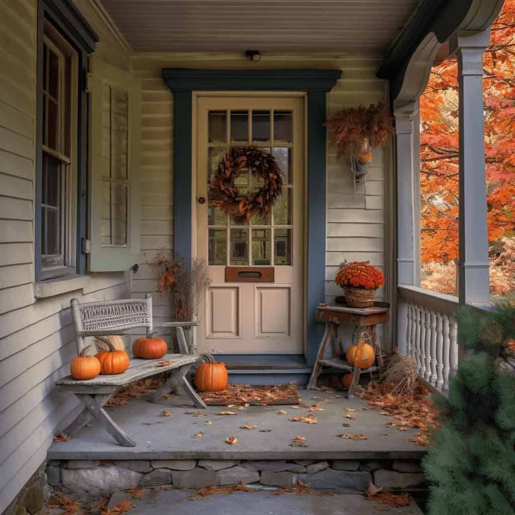 Pumpkin decorated porch with fall leaves and autumn flowers, cozy atmosphere, traditional home exterior, seasonal autumn decor, welcoming front entryway.
