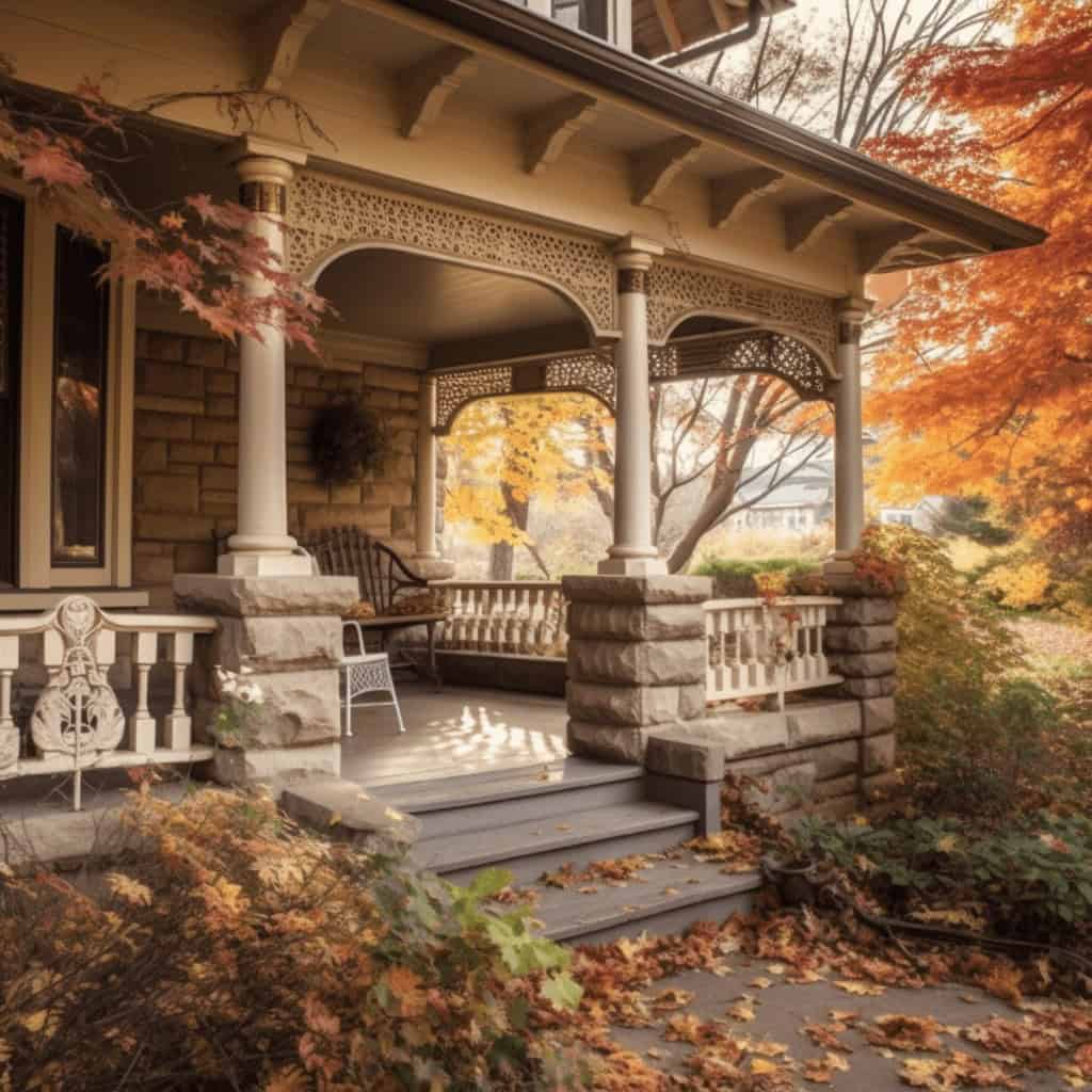 Alt text: Urokliwy widok na werandę z kolumnami i balustradami w otoczeniu jesiennych kolorów liści, ciepła atmosfera, elegancki styl, rustykalne elementy architektoniczne, idealny na relaks w altanie.