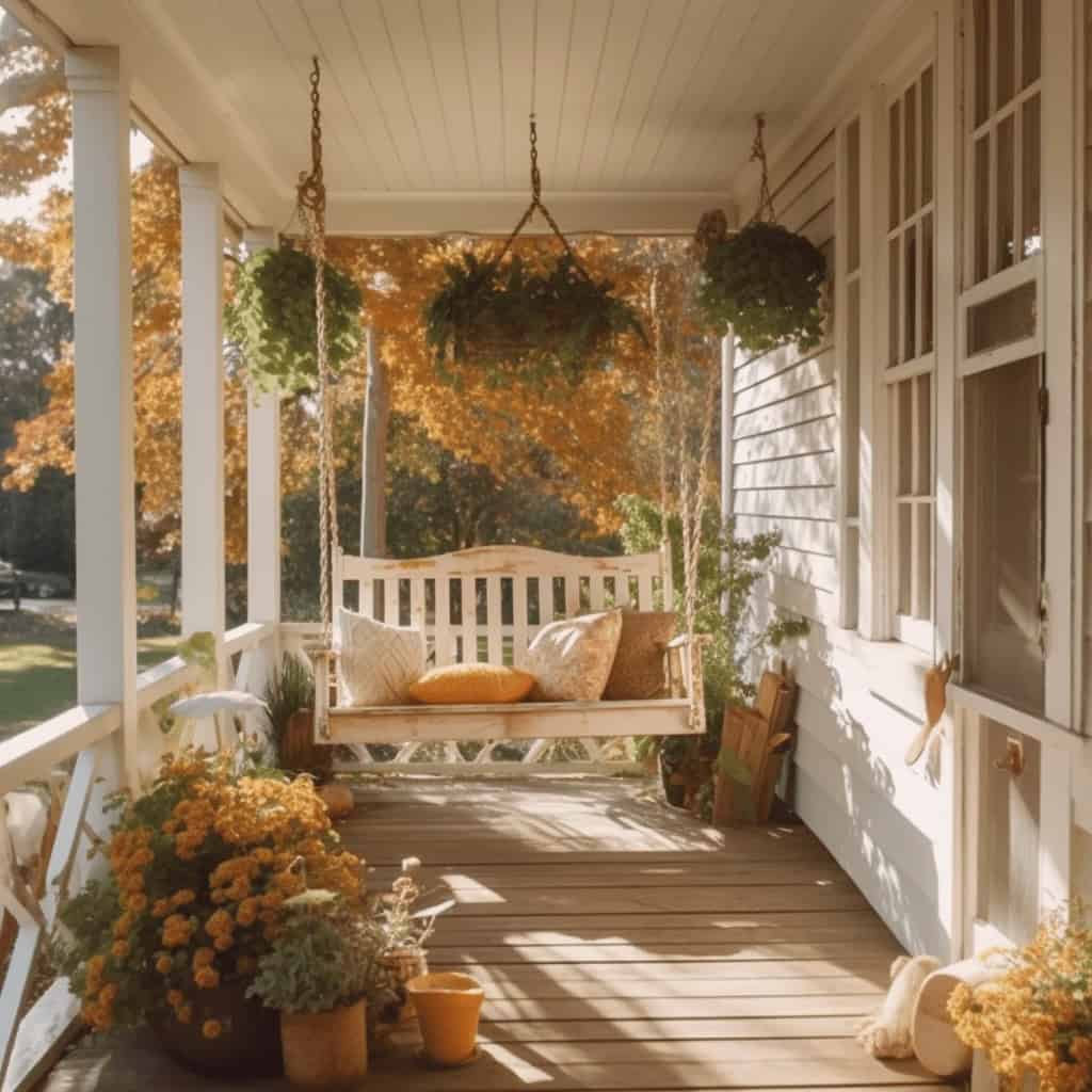 Liście krzewów i kwiaty na kolorowym ogrodowym tarasie z hamakiem, przydomowa przestrzeń z eleganckim wystrojem i naturalnym otoczeniem.