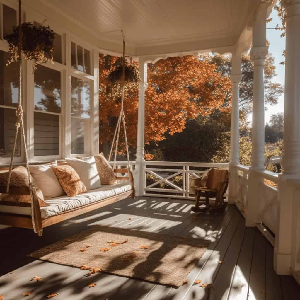 Przytulny balkon z bujnymi jesiennymi drzewami, wygodną huśtawką i drewnianym krzesłem. Idealne miejsce na relaks i wypoczynek w otoczeniu natury w sezonie jesiennym.