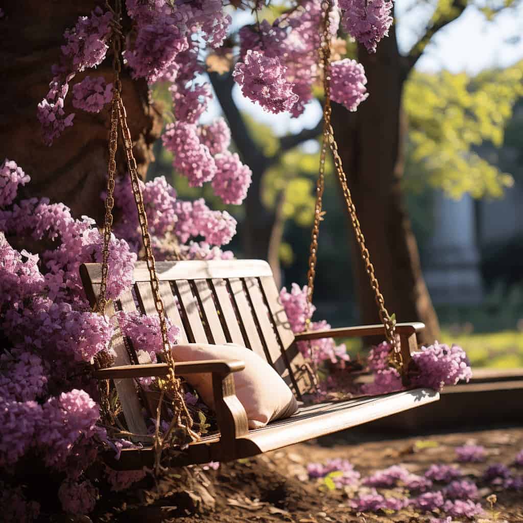 Zostań na stronie z przytulną huśtawką na polanie w ogrodzie z kwitnącymi różowymi rododendronami, relaks w stylu outdoor, komfortowe miejsce do wypoczynku na zewnątrz, naturalny i spokojny klimat optymalny.