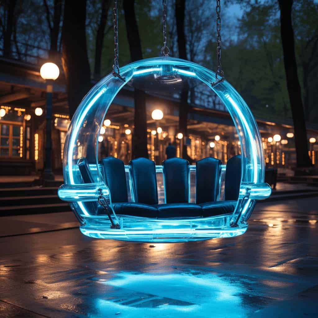 Lampa nocna w kształcie nowoczesnej huśtawki, świecąca neonowym światłem, na tle wieczornego parku z oświetleniem i drzewami, idealna do aranżacji wnętrz i ogrodów.