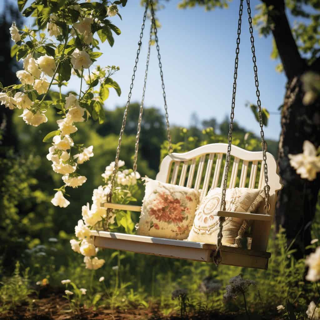 Chwilowa huśtawka ogrodowa z poduszkami na tle zieleni i kwiatów, relaks w naturze, komfortowe miejsce do odpoczynku, elegancki design, idealny na taras lub ogród, dekoracyjny element przestrzeni outdoorowej.