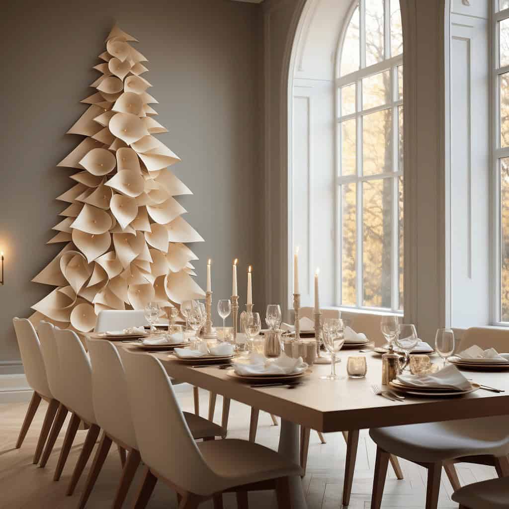 Nowa aranżacja świąteczna w eleganckiej jadalni z dekoracją choinki z papierowych elementów, luksusowe nakrycia stołowe, świeczniki i odświętna atmosfera, idealna na Boże Narodzenie i świąteczne okazje.