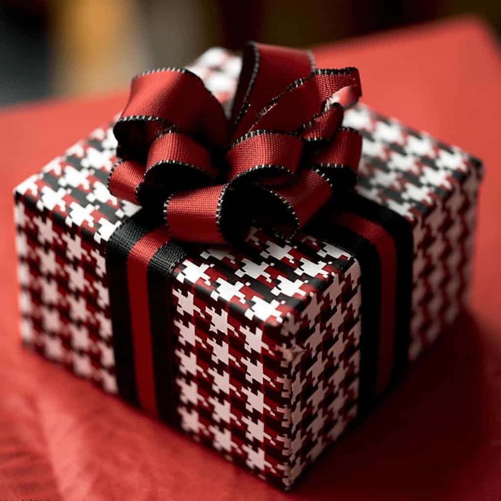 Klasycznie zapakowany prezent z papierem w jodełkę, ozdobiony dużą czerwoną kokardą i czarną wstążką, idealny na wyjątkowe okazje.