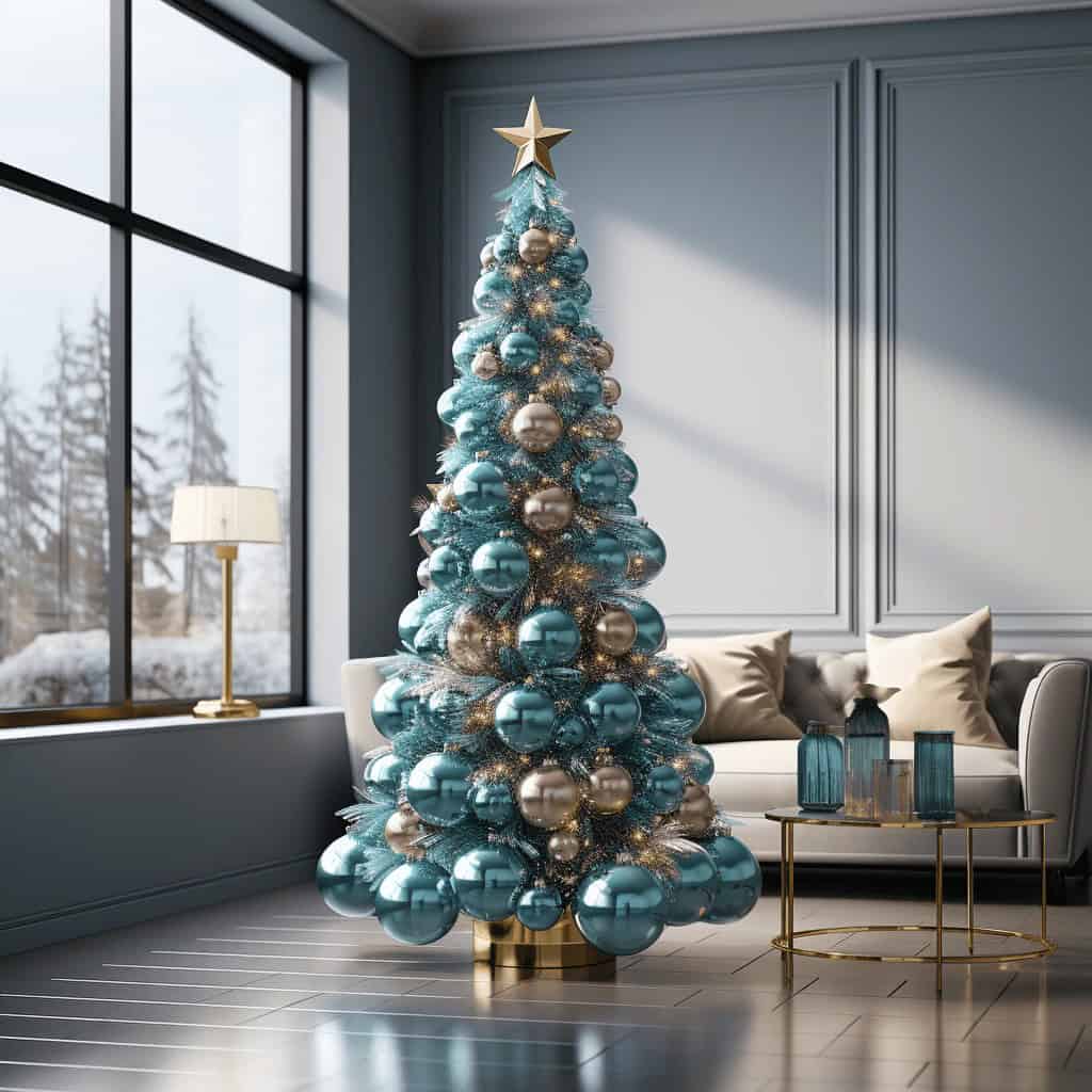 Elegancka choinka bożonarodzeniowa z błyszczącymi ozdobami w salonie z dużym oknem i naturalnym światłem, tworząca świąteczną atmosferę w nowoczesnym wnętrzu.