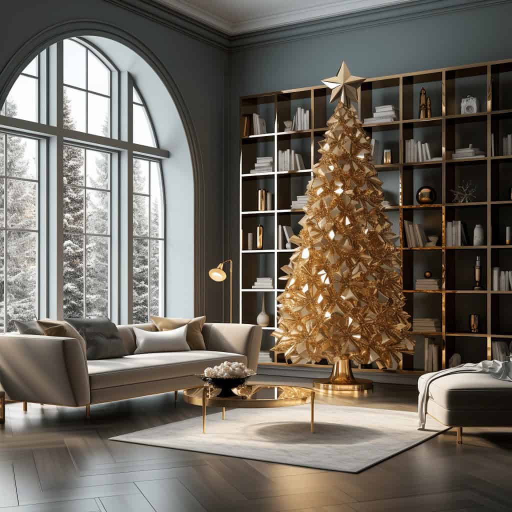 Choinka świąteczna złota z gwiazdą na szczycie w eleganckim salonie z dużym oknem i rozkładanym sofy, dekoracyjny styl bożonarodzeniowy, luksusowa aranżacja wnętrza, świąteczne dekoracje, nowoczesny design.