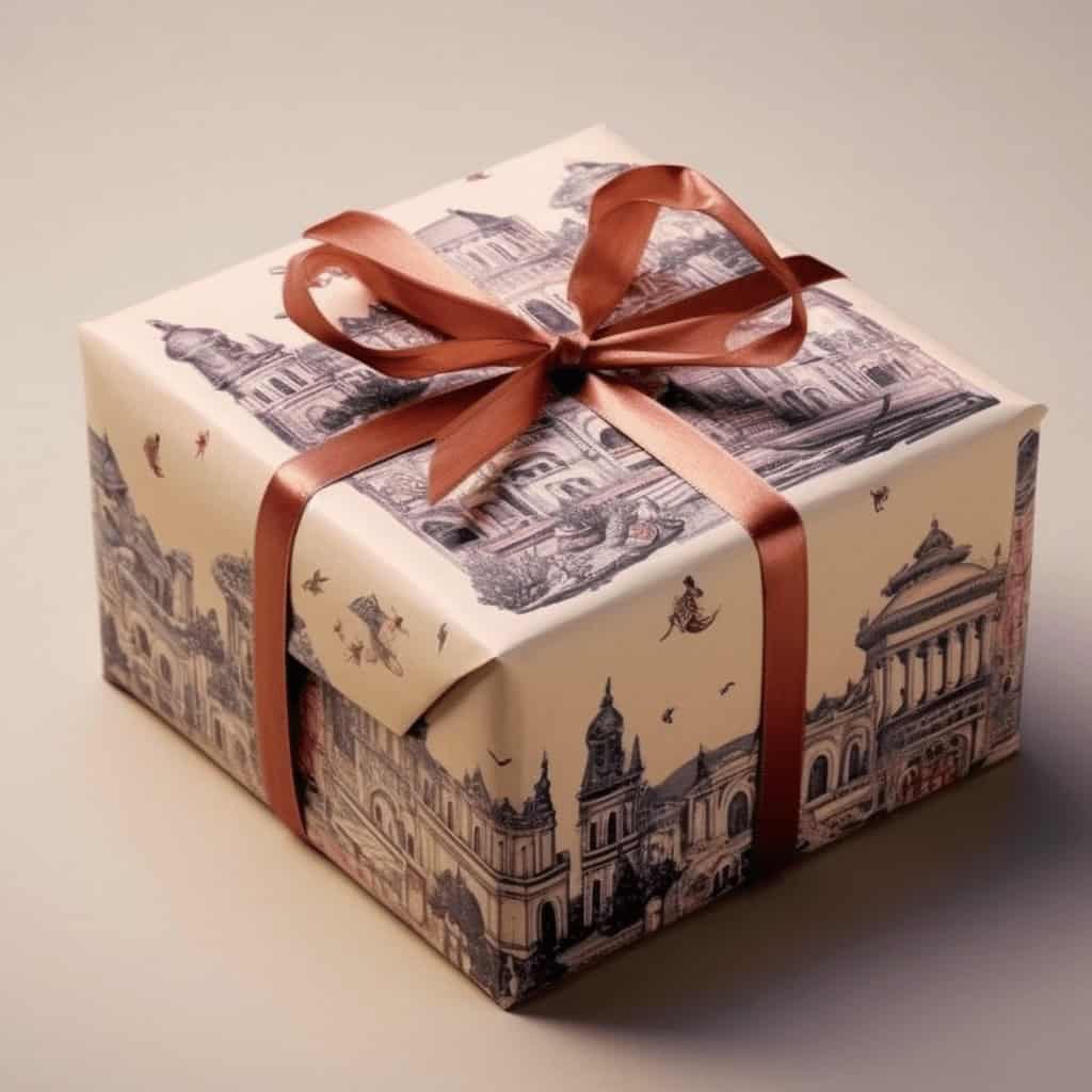 Efektowny prezent w eleganckim papierze z motywem architektonicznym, ozdobiony satynową wstążką, idealny na wyjątkowe okazje, symboliczny podarunek od Pani Dyrektor.