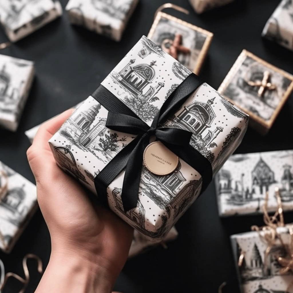 Elegancko zapakowany prezent w stylowej papeterii z motywem zabytkowych budowli, idealny na specjalne okazje, wysoka jakość i dbałość o szczegóły.