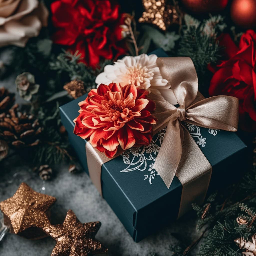 Elegancko opakowana prezentowa paczka z kwiatami i złotymi gwiazdkami, idealna na święta, urodziny lub wyjątkowe okazje, pełna świątecznego uroku i elegancji.