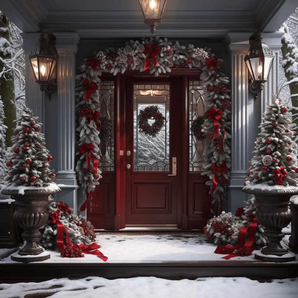 Piernikowa dekoracja świąteczna na drzwiach wejściowych domu z bożonarodzeniowymi choinkami i czerwonymi wstążkami, w zimowej scenerii z śniegiem.