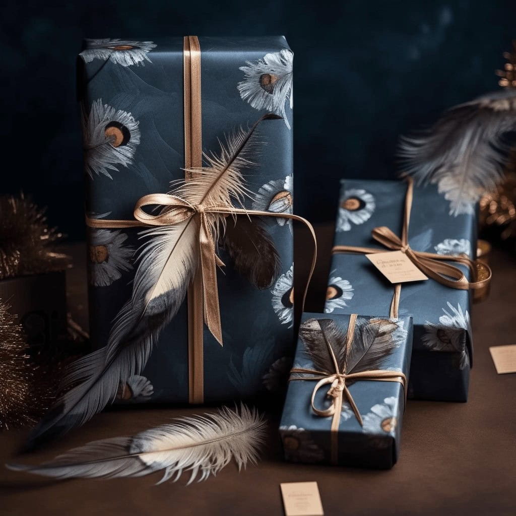 Pakowane prezenty w eleganckim papierze z motywem piór, idealne na różne okazje - usługi opieki nad sobą od Pani Dyrektor.