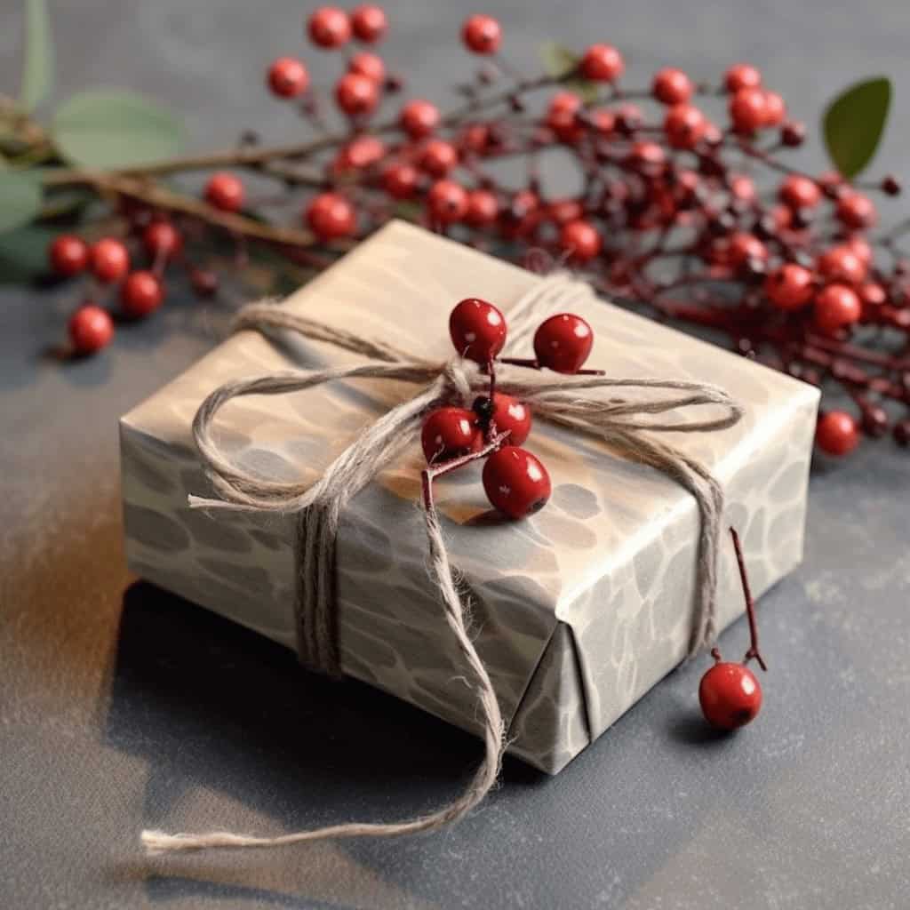 Efektownie opakowany prezent z czerwonymi jagodami, ozdobny wstążką i naturalnymi elementami, idealny na święta, sprzątanie i prezenty od Pani Dyrektor, symbol opieki i elegancji.