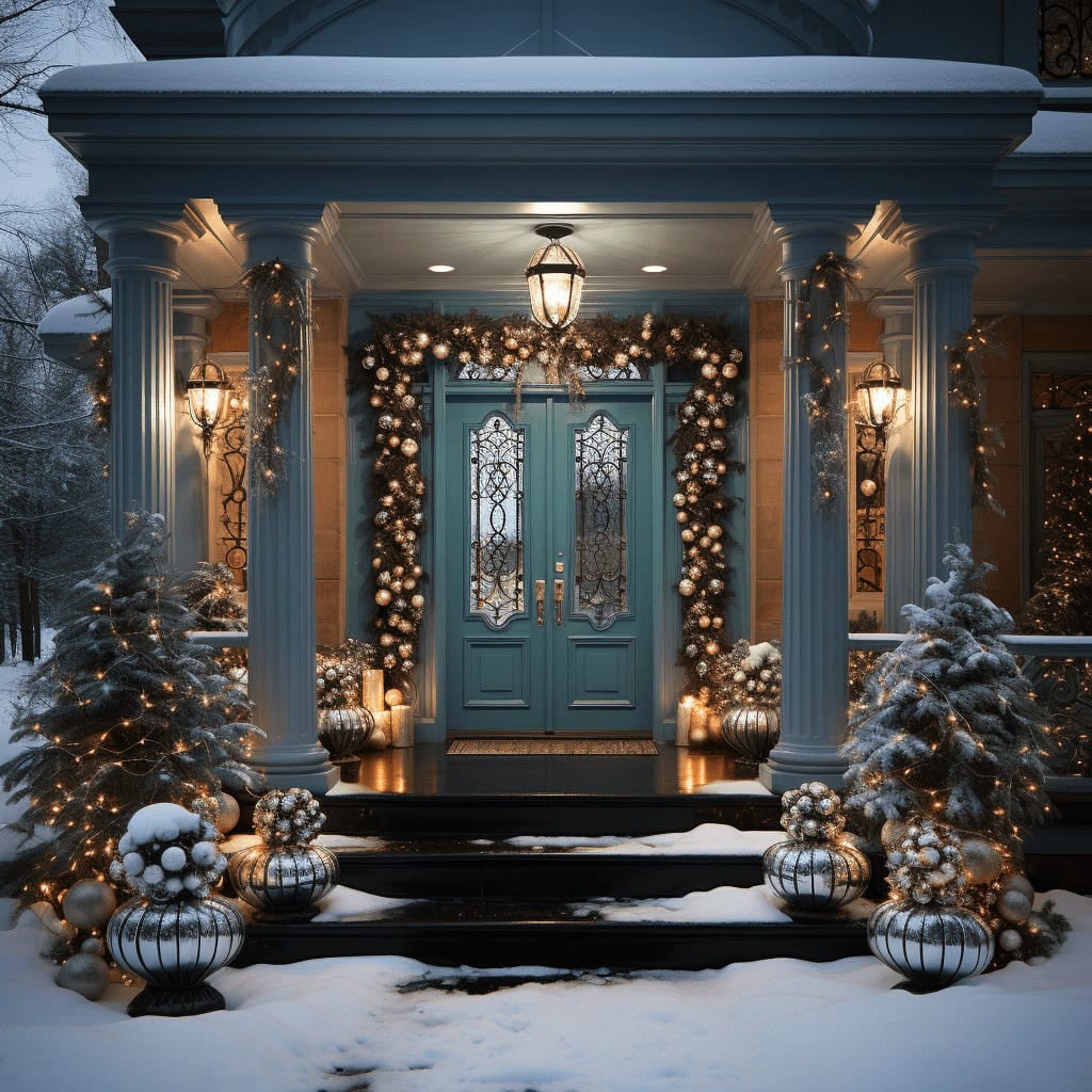 Ogrody zimowe z dekoracjami świątecznymi i świetlnymi, elegancka ornamentyka na wejściu do domu, luksusowe aranżacje przed domem, idealne na sezon bożonarodzeniowy, dekoracje na święta.