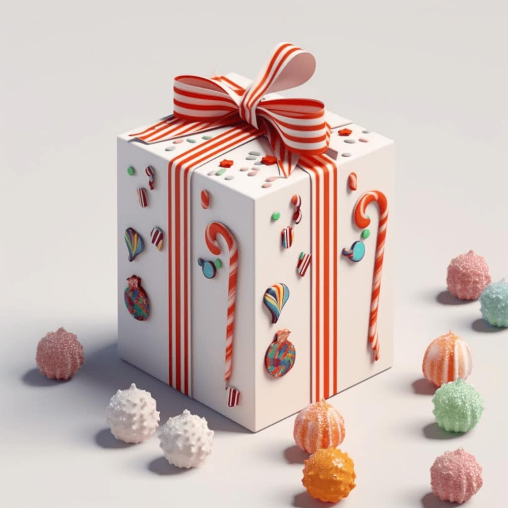 Słodki prezent w ozdobnym opakowaniu z czerwoną wstążką i cukierkami, idealny na świąteczne okazje.