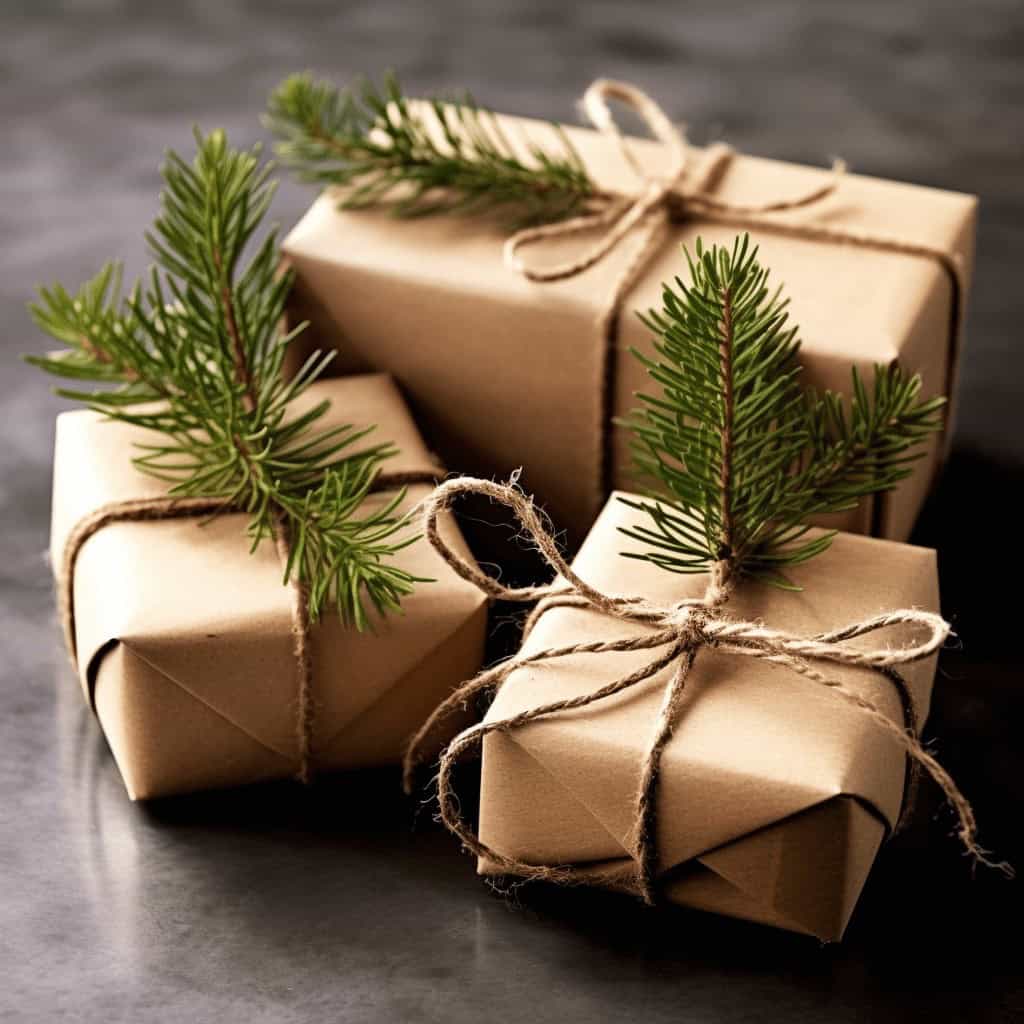 Magiczne prezenty bożonarodzeniowe w naturalnym opakowaniu z gałązkami świerku, elegancka dekoracja świąteczna, ręcznie pakowane podarunki na święta, ekologiczne opakowania świąteczne, idealne na prezent pod choinkę.