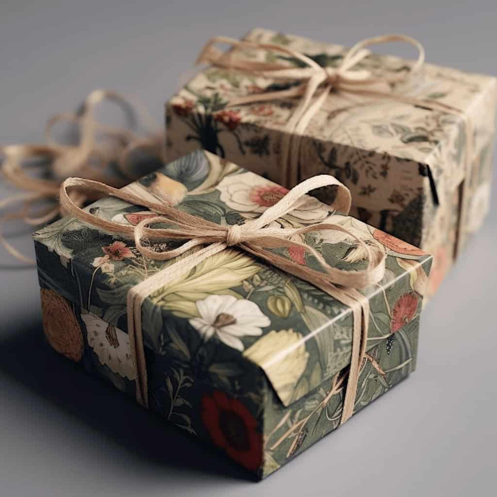 Kartonowe pudełka ozdobione kwiatowym wzorem z naturalnym sznurkiem, idealne na prezent, eleganckie opakowania dla firm i klientów, wysokiej jakości, stylowe, ekologiczne.