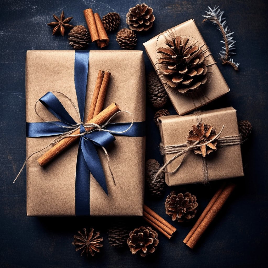 Ekskluzywne prezentowe paczki w ciemnobrązowym papierze z naturalnymi dekoracjami, takimi jak szyszki, cynamon i gwiazda anis, idealne na święta i specjalne okazje.