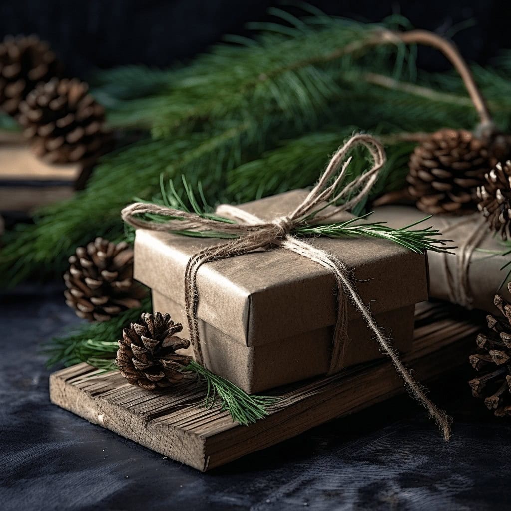 Kwadratowe opakowanie prezentowe z brązowego papieru, związane juty i naturalnymi szyszkami, dekoracja świąteczna, bożonarodzeniowa, przemyślany upominek, elegancko zapakowany, dębowa deska, zielone gałązki, świąteczny klimat.