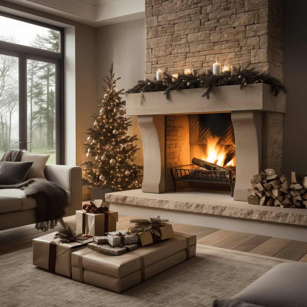 Przytulny salon z kominkiem, świąteczną dekoracją i ozdobioną choinką, tworzący ciepłą atmosferę na Boże Narodzenie, idealny do relaksu i spędzania czasu z rodziną w okresie świątecznym.