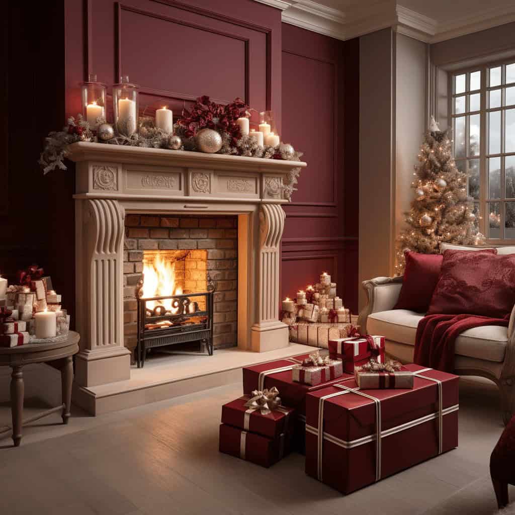 Przytulny pokój z kominkiem i świąteczną dekoracją, bożonarodzeniowa aranżacja z prezentami, lampkami i choinką, idealne na świąteczny klimat i rodzinne chwile, projekt wnętrza odpowiedni dla optymalnych przestrzeni.