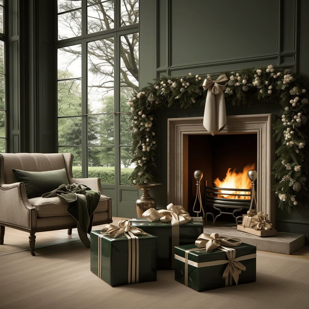 Przytulny salon z kominkiem, ozdobiony świąteczną girlandą i prezentami w eleganckim wystroju, idealny do tworzenia magicznej atmosfery podczas świąt.