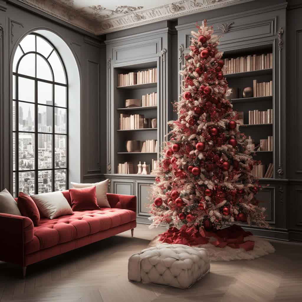 Piękna dekoracja bożonarodzeniowa z choinką w eleganckim wnętrzu, dekoracje świąteczne, klimatyczne, luksusowy salon, nowoczesny design, boże Narodzenie, świąteczne aranżacje.