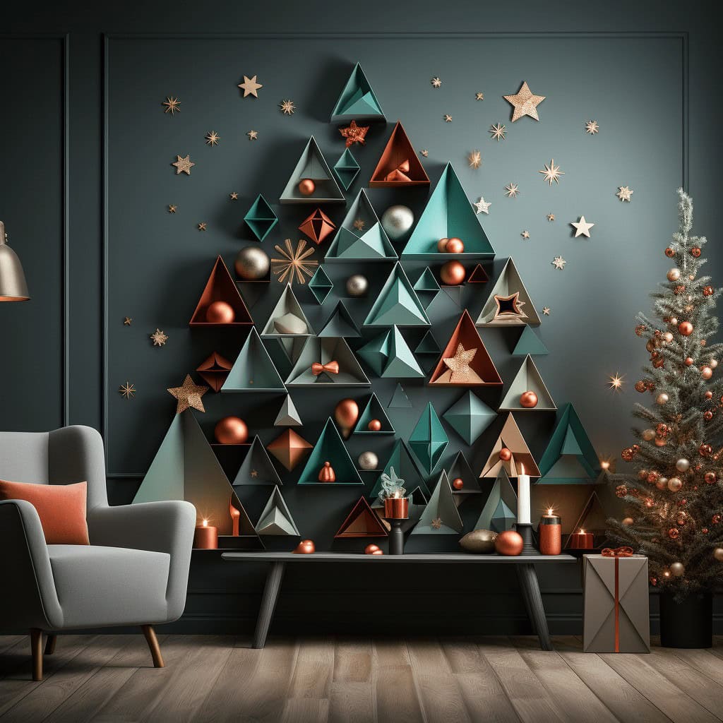 Nowe dekoracje świąteczne na ścianie w stylu minimalistycznym, boże narodzenie, choinka z ozdobami, zielono-czerwone dekoracje, akcesoria świąteczne, stylowe ozdoby na święta, nowoczesny design wnętrz, klimat świąteczny.