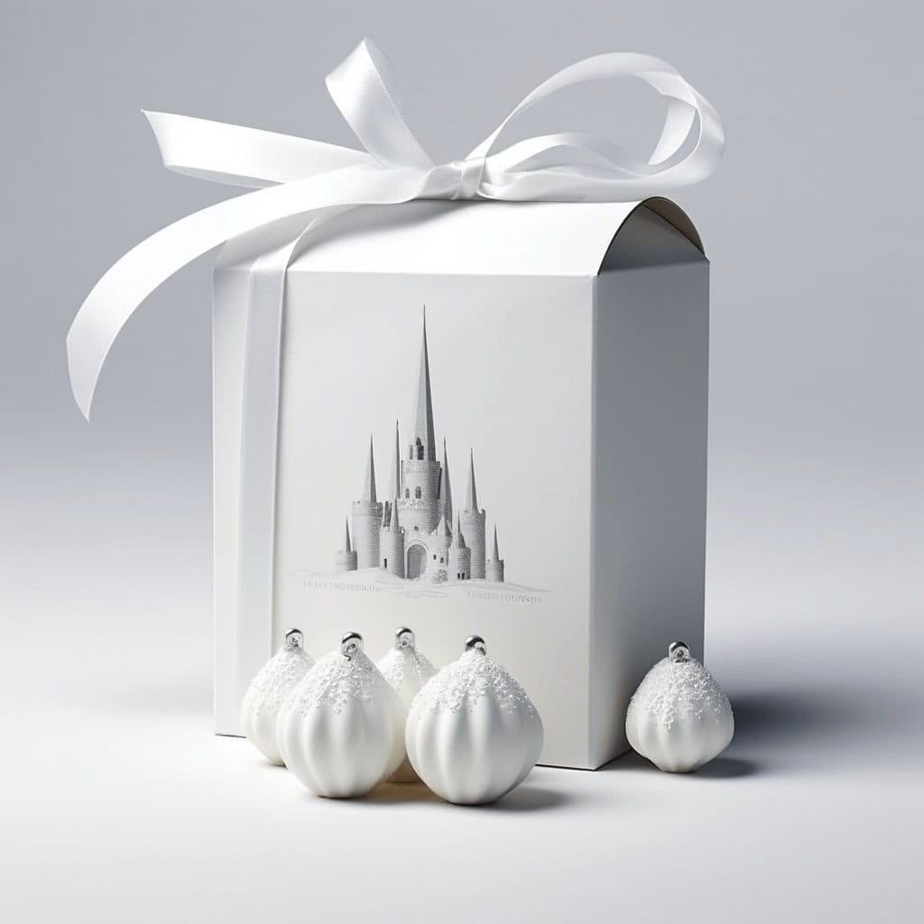 Biała pluszowa ozdoba świąteczna w kształcie bombki z dekoracją świąteczną, eleganckie opakowanie z motywem zamku, idealne na prezent świąteczny, elegancka dekoracja na Boże Narodzenie, wysokiej jakości ozdoba świąteczna.