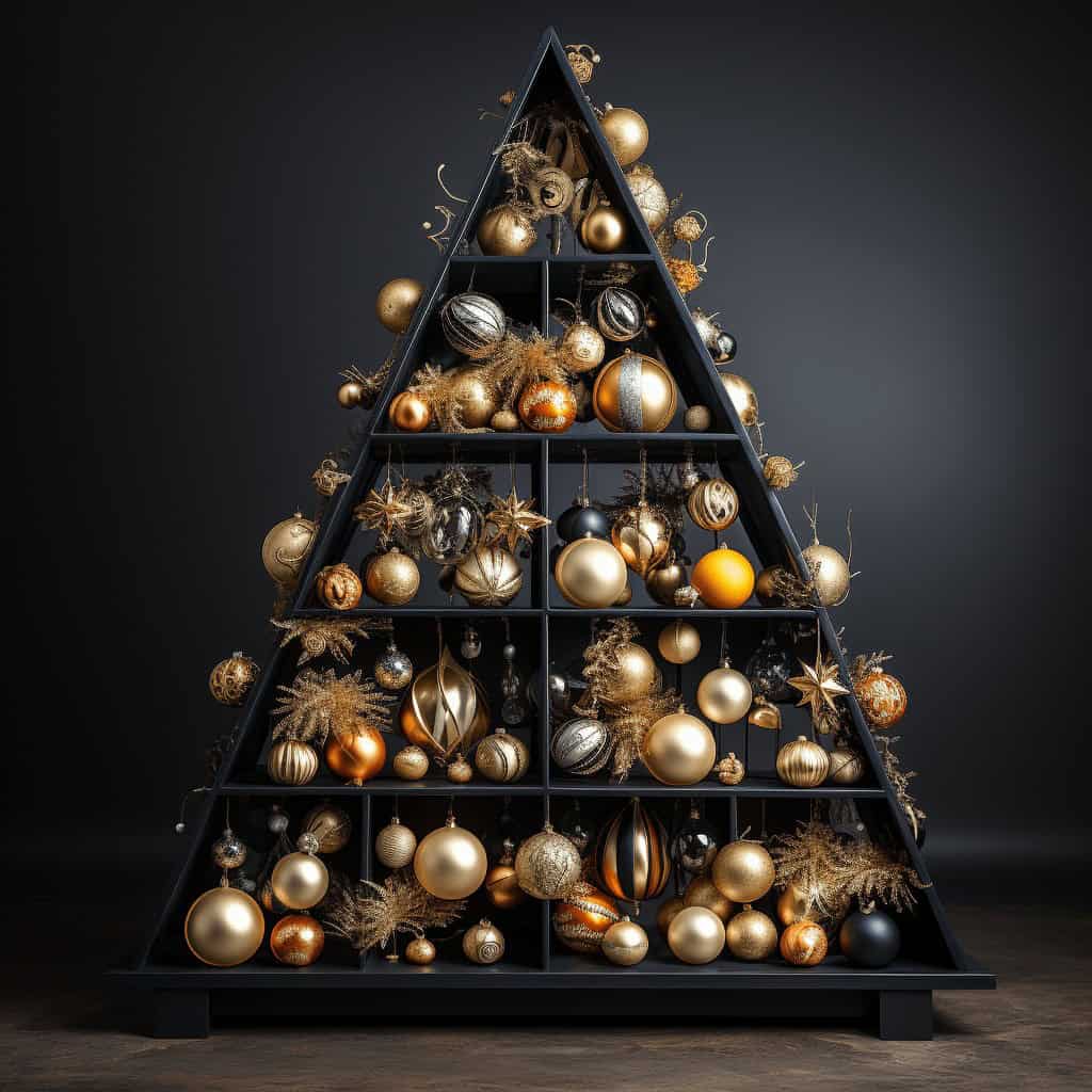 Błyszczące bombki na czarnej drzewku bożonarodzeniowym w złoto, srebrze i czerni, ozdoby świąteczne na eleganckim tle, idealne na dekorację świąteczną.