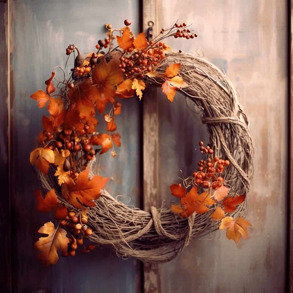 Korona jesienna na drzwi, wieniec z gałęzi i liści, dekoracja na sezon jesienny, jesienna ozdoba do domu, naturalna dekoracja świąteczna na drzwi wejściowe.