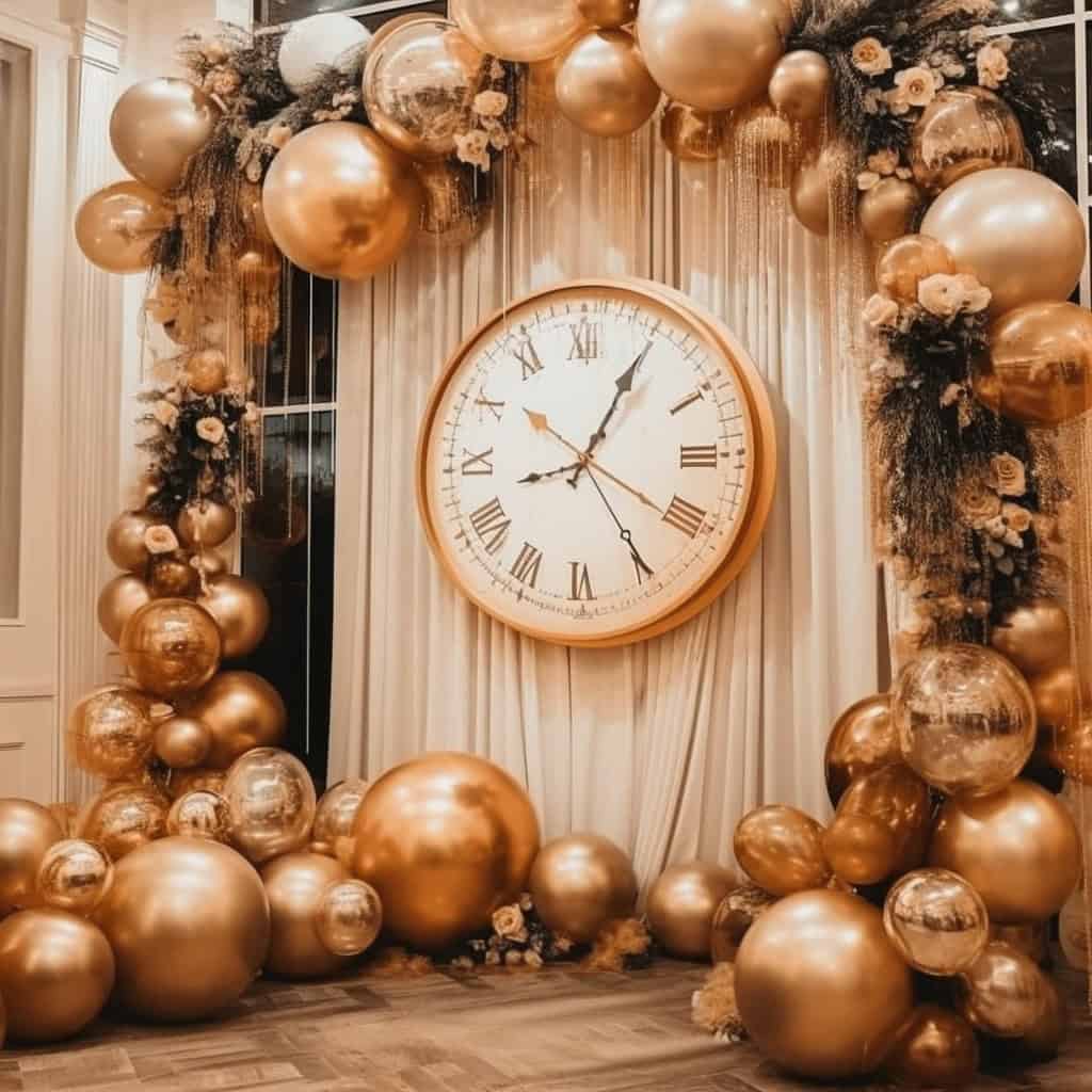 Złote kule dekoracyjne, balony i kwiaty wokół dużego zegara na ścianie, elegancka dekoracja na uroczystość, idealna na wesele lub bal sylwestrowy, luksusowa aranżacja wnętrza.