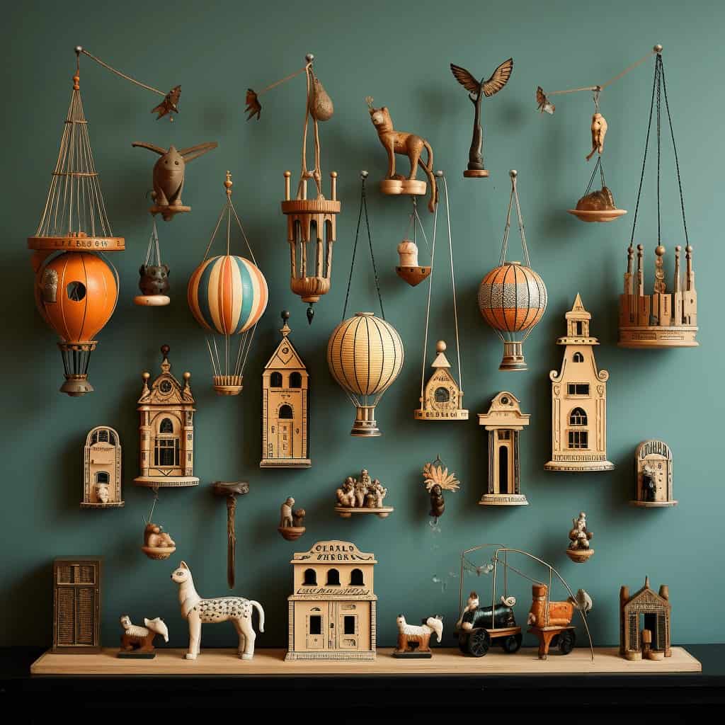 Małe drewniane budynki i baloniki na tle zielonej ściany, kolekcja ręcznie wykonanych ozdób i miniatur architektonicznych, idealne na dekorację wnętrz i prezent dla miłośników rękodzieła.