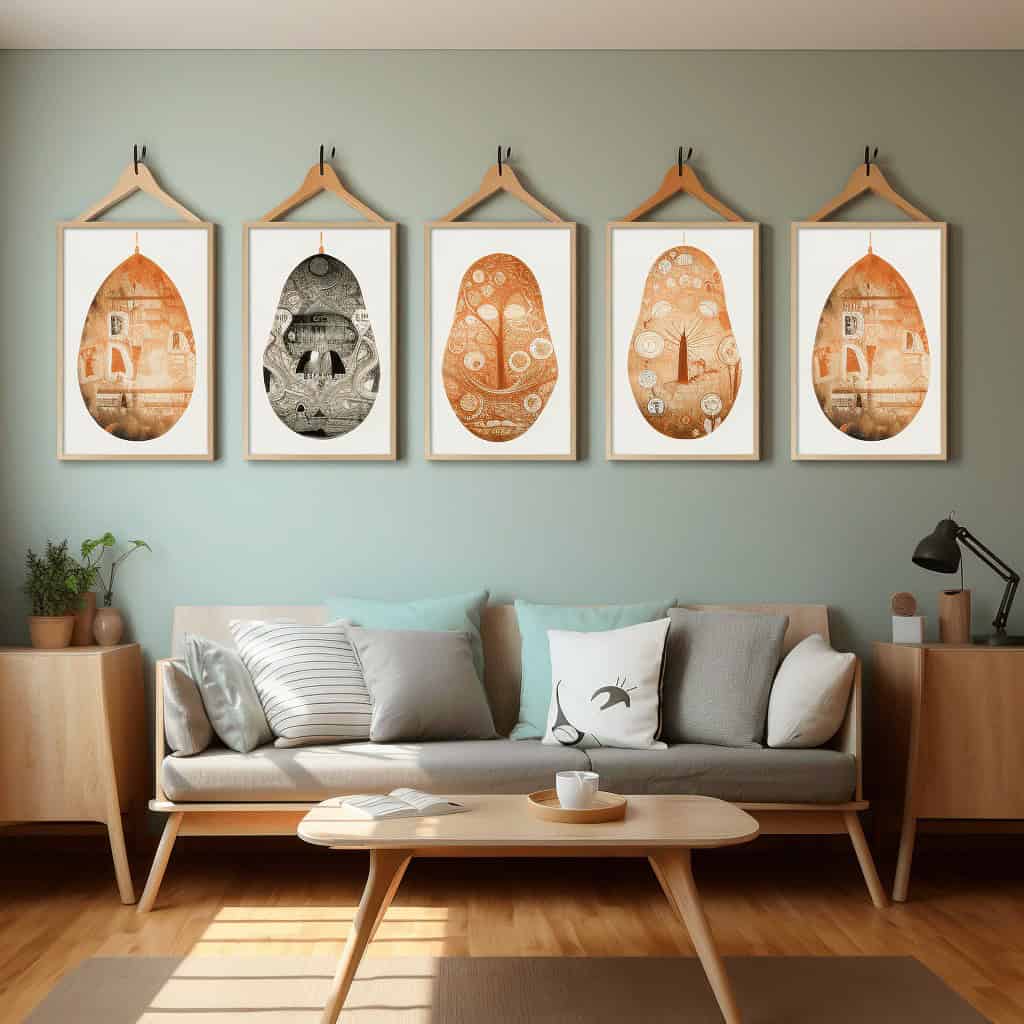 Kolorowe obrazy na ścianie w nowoczesnym salonie, minimalistyczny wystrój, naturalne drewniane meble, inspirujące dekoracje do wnętrz.