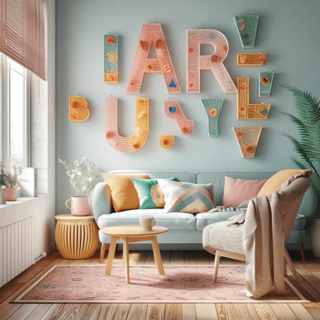 Kolorowa dekoracja wnętrza z napisem "LOVE" na ścianie, przytulny salon z poduszkami, roślinami i ciepłym światłem, idealny dla rodzin i osób ceniących optymalne rozwiązania mieszkaniowe.