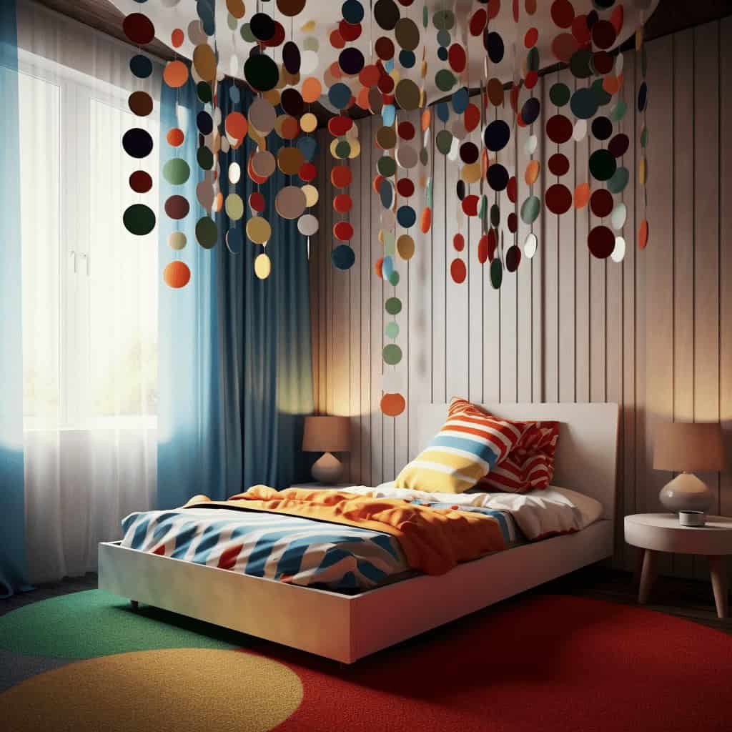 Kreatywny pokój dla dzieci z dekoracją z kolorowych kół, łóżko z kolorowymi poduszkami, nowoczesny wystrój, pokój dziecięcy, aranżacja wnętrz dla dzieci, pomysł na pokój dziecięcy, design pokoju dziecięcego, wnętrza dla dzieci, inspiracje pokojowe dla dzieci.