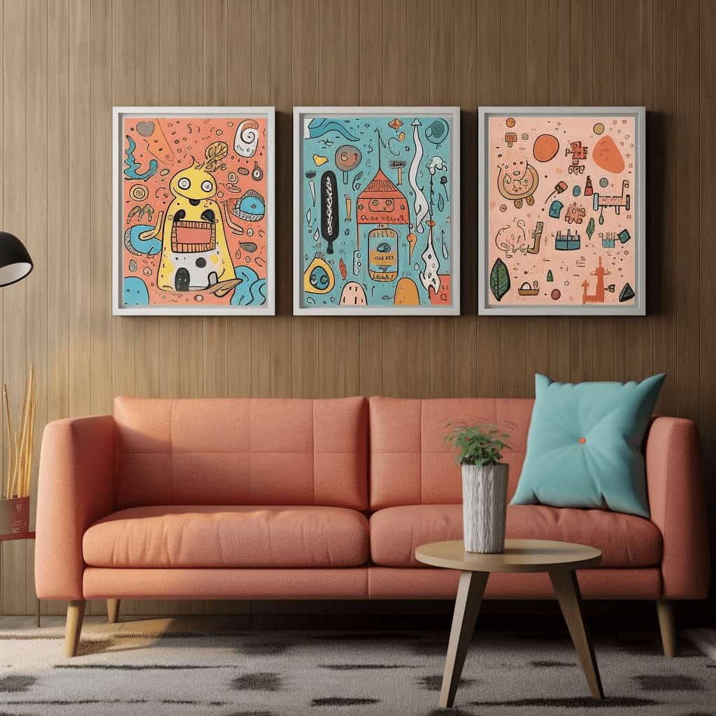 Kolorowa dekoracja wnętrza z trzema oprawami na ścianie, jasną tapicerką i rośliną na stoliku, nowoczesny salon, inspiracja do aranżacji, styl skandynawski, bright interior design, PaniDyrektor.pl.