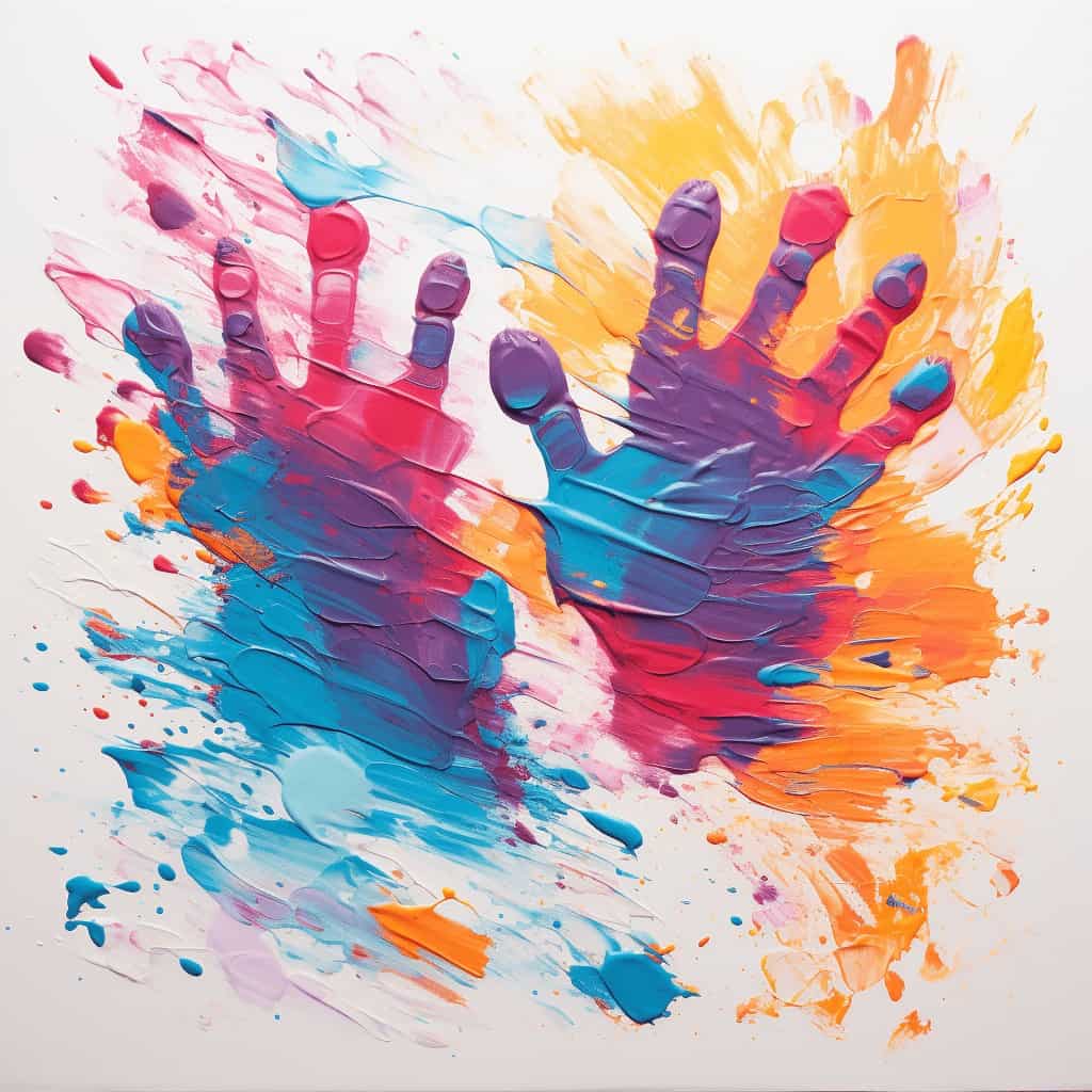 Kolorowe dłoń na malowanej powierzchni, sztuka, emocje, kreatywność, terapia, dziecięca twórczość, artoterapia, rękodzieło, inspiracja, artystyczny projekt.