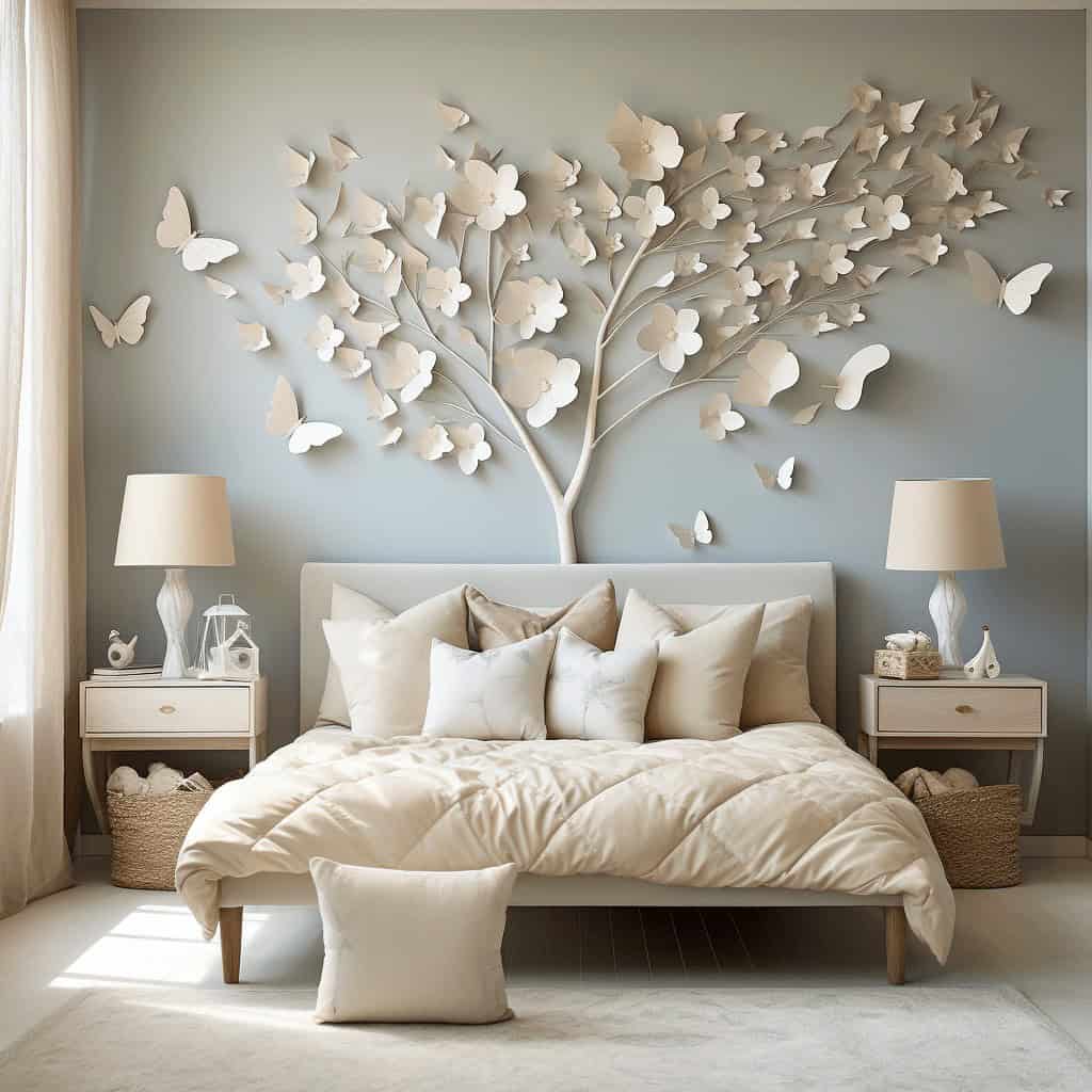 Drzewo z papierowych kwiatów i motyli na ścianie w sypialni, dekoracja wnętrz, elegancka aranżacja pokoju, dekoracja ścienna, stylowe wykończenie pokoju optima.