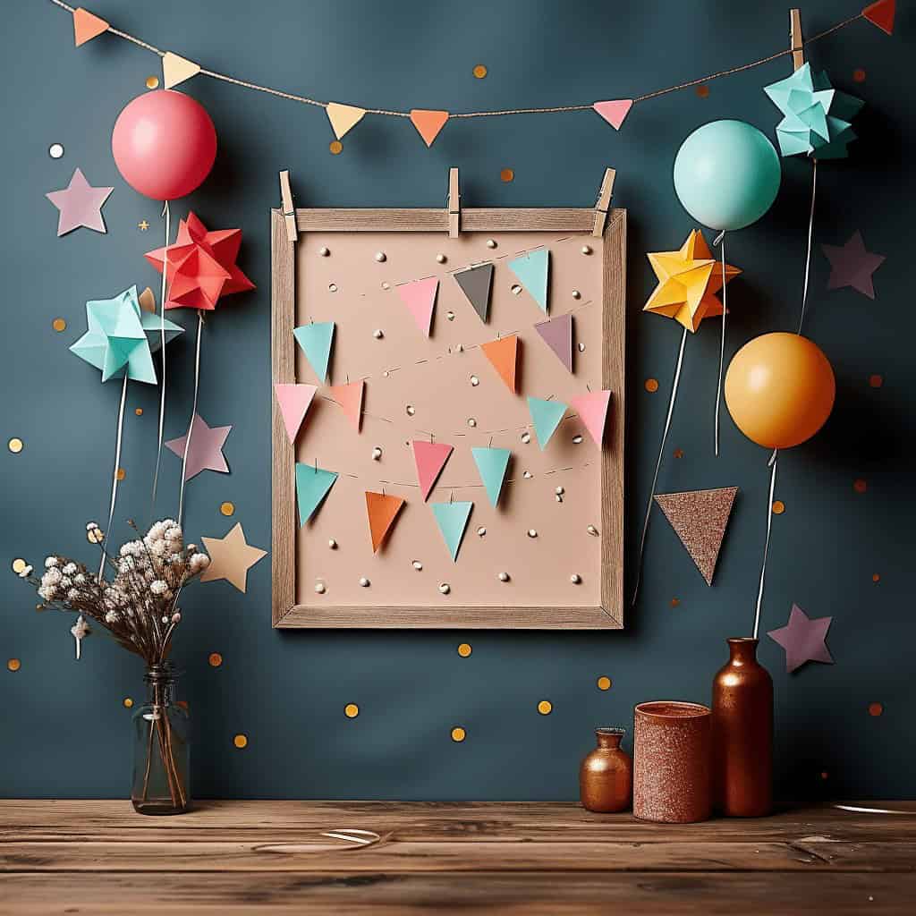 Kolorowe dekoracje świąteczne, balony, gwiazdki i girlandy na rustykalnej ścianie, idealne do świętowania i ozdabiania wnętrz. Ekskluzywne dodatki w ciepłych odcieniach dla wyjątkowych okazji.