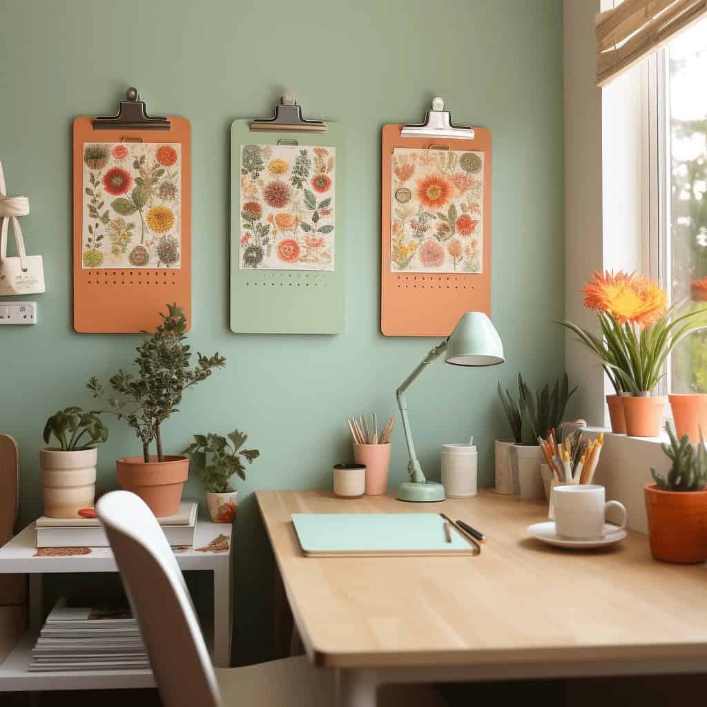 Kolorowe tablice edukacyjne na ścianie w przytulnym biurze z zielonymi roślinami i naturalnym światłem, tworzą atmosferę sprzyjającą produktywności i relaksowi.