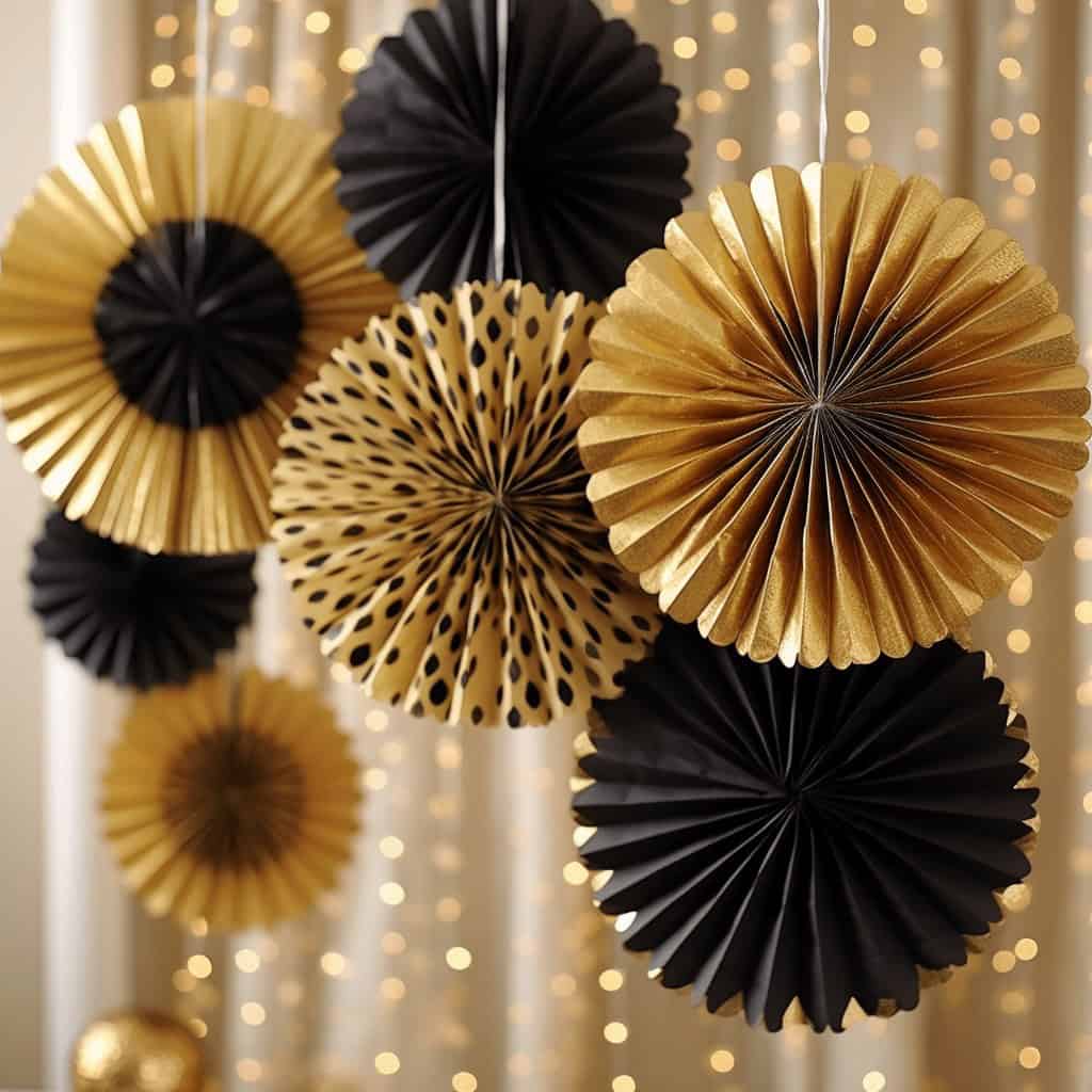 Papierowe dekoracje na event – złote i czarne rozetki, efektowne ozdoby na święta, urodziny i imprezy firmowe, dekoracje ślubne i wesele, dekoracje na Christmas, eleganckie elementy dekoracyjne optima.