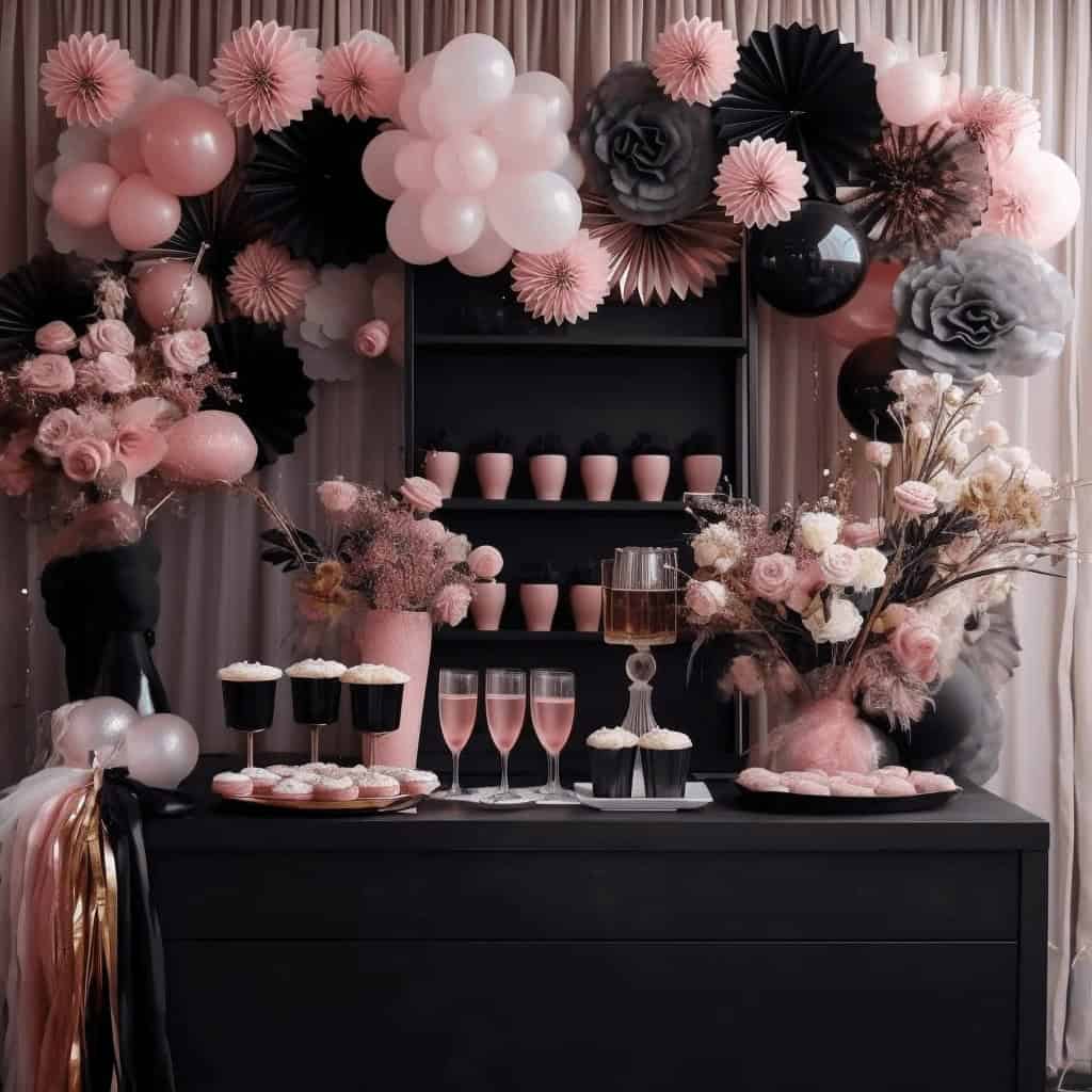 Kwiatowa dekoracja na przyjęcie, balony i papierowe ozdoby różowe i czarne, elegancki stół z deserami i napojami, dekoracje na urodziny lub specjalne okazje, trendy dekoracje eventowe opieki nad eventami optima.